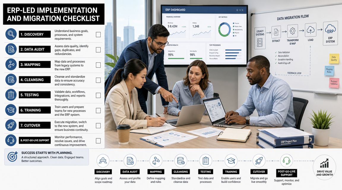 Best Small Business Software for Billing: UAE & GCC 2026 4 A professional team collaborating on an ERP implementation strategy in a modern office with project checklists.