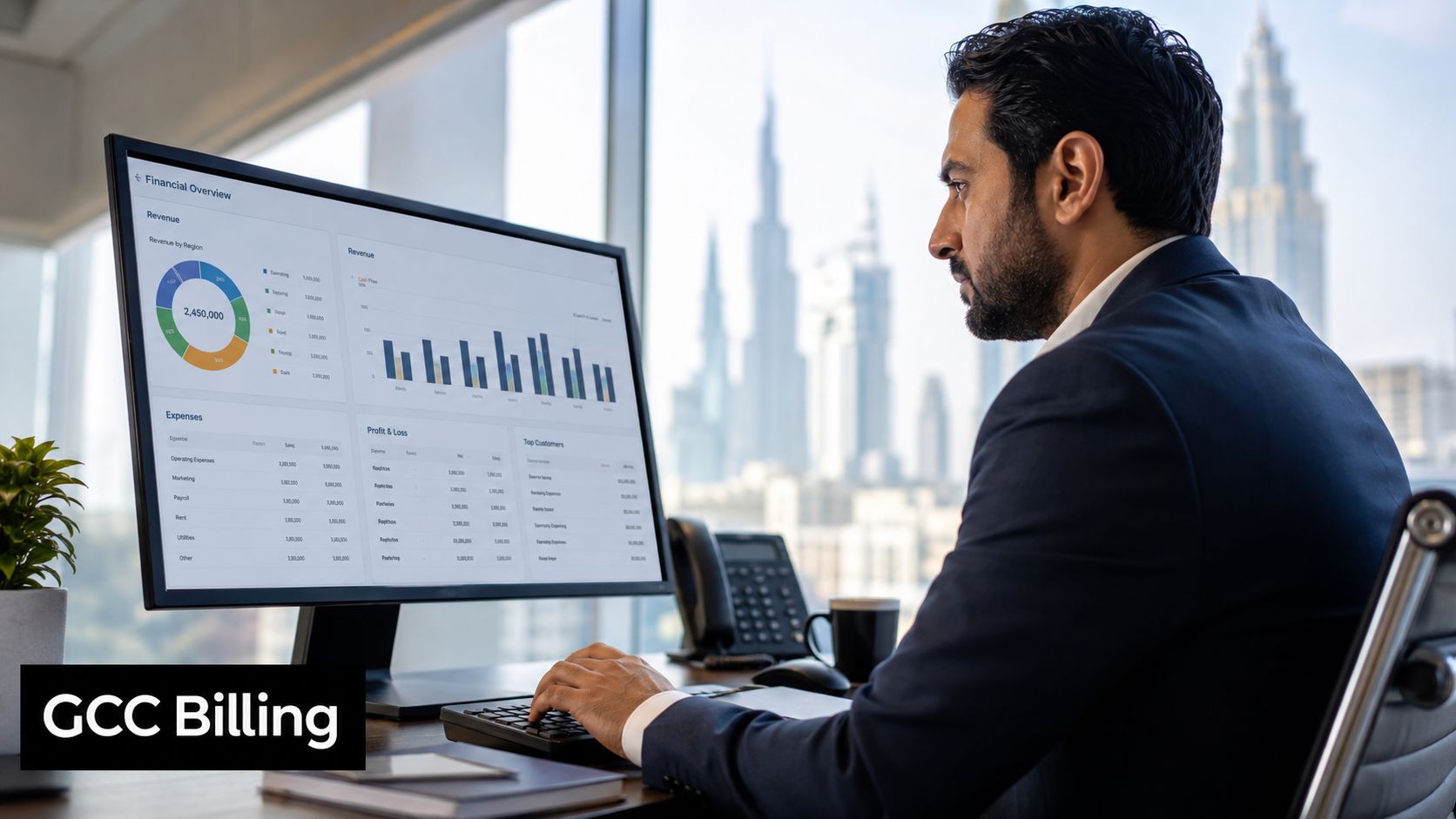 Best Small Business Software for Billing: UAE & GCC 2026 1 A professional man reviewing financial data charts on a computer monitor in a modern high-rise office.