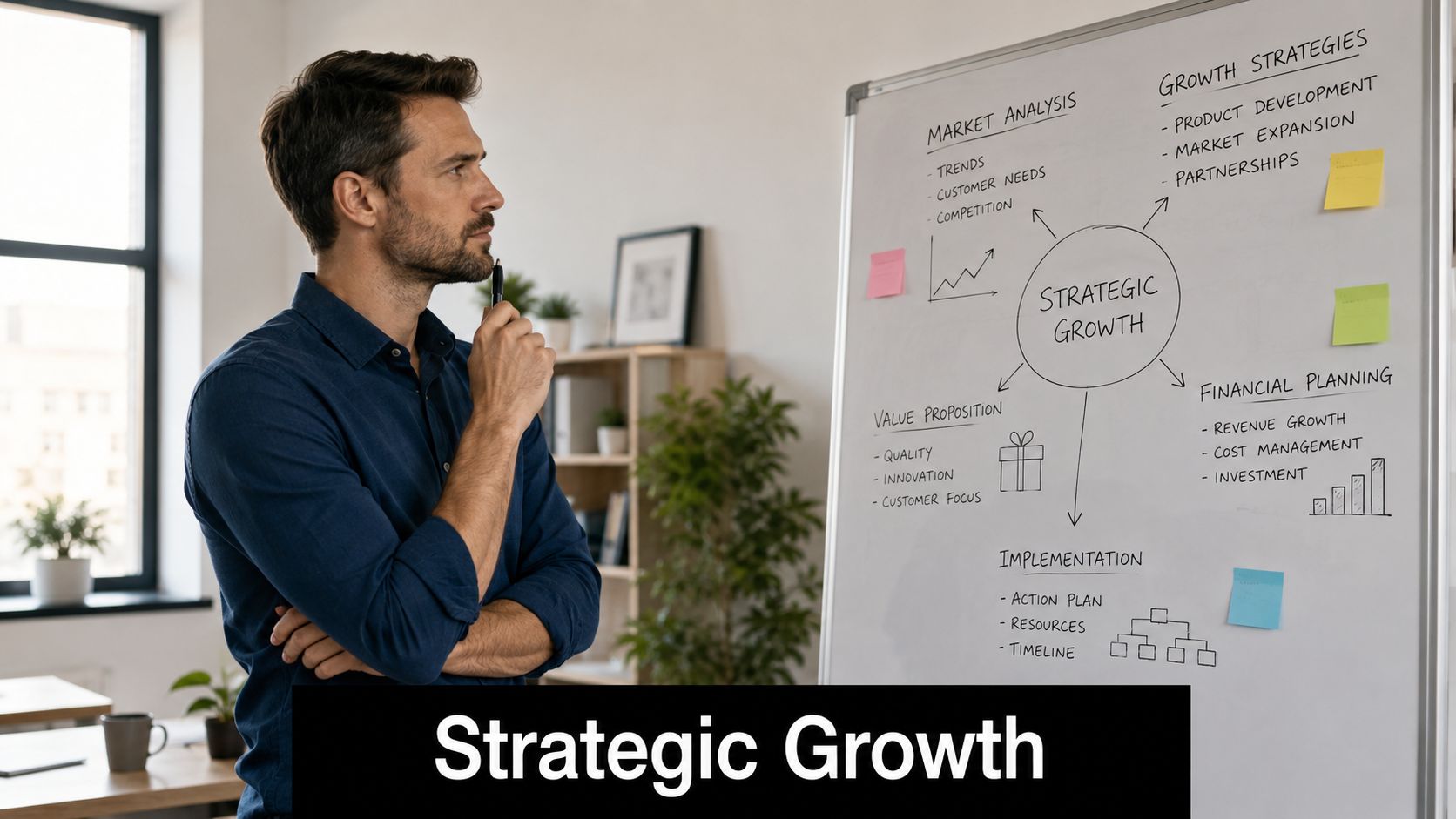 Best Small Business Software for Billing: UAE & GCC 2026 2 A professional man standing in an office, brainstorming strategic growth plans on a large whiteboard.