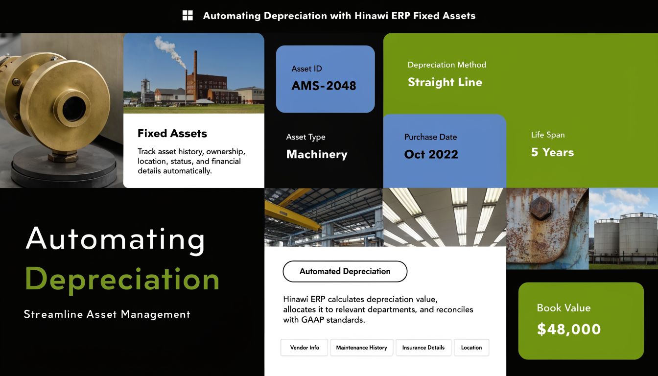 Straight Line Depreciation A Guide for UAE & GCC Businesses 2 An infographic displaying Hinawi ERP's features for automating fixed asset depreciation using straight line calculation methods.
