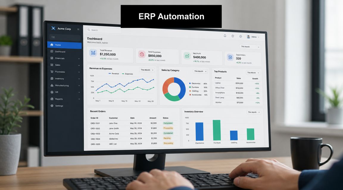 Understanding the UAE VAT Registration Threshold 2026 3 A professional desk view showing a computer screen displaying an ERP dashboard with financial business data.