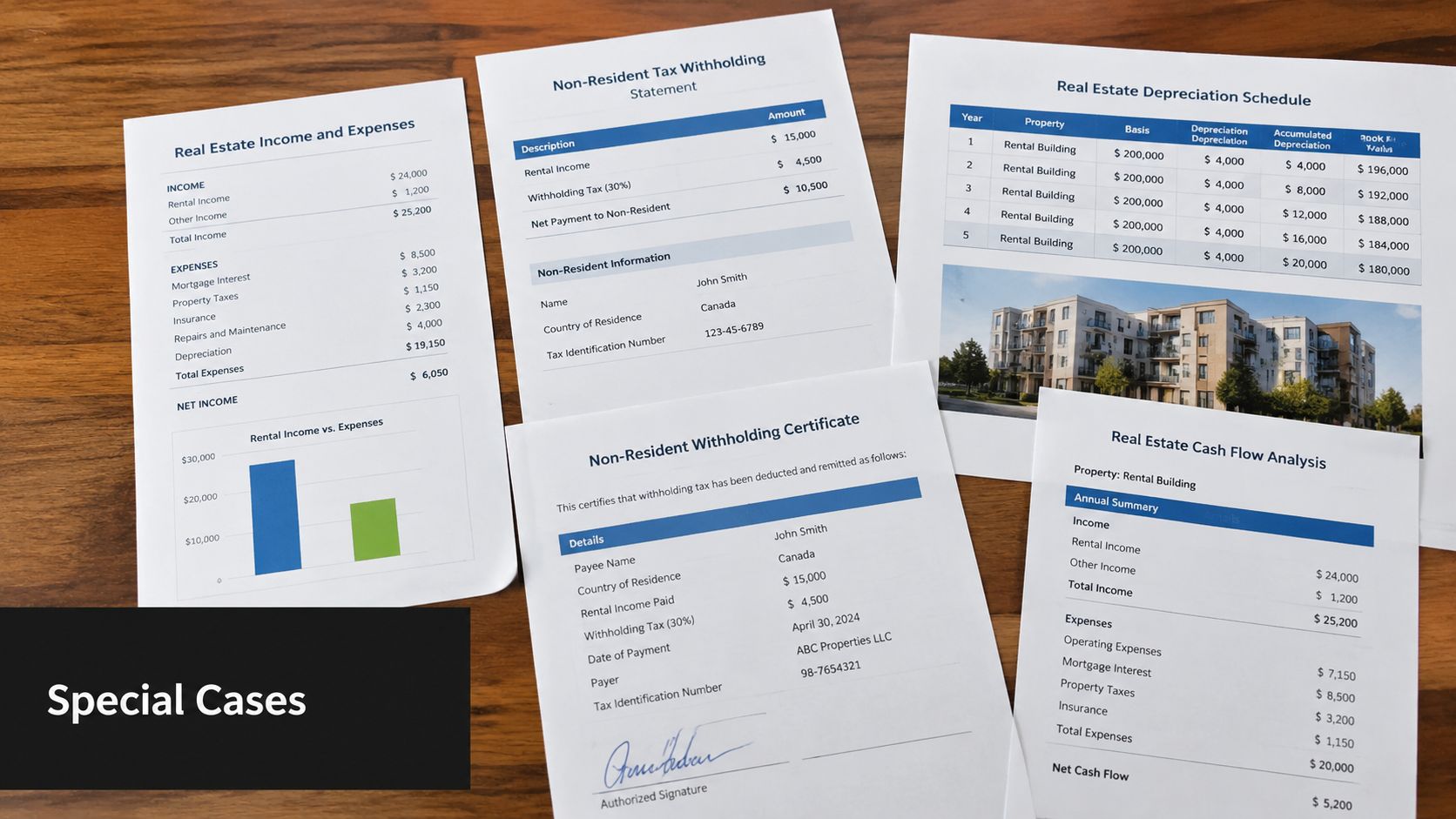 Understanding the UAE VAT Registration Threshold 2026 2 A collection of financial documents including income statements, tax withholding certificates, and a real estate depreciation schedule.