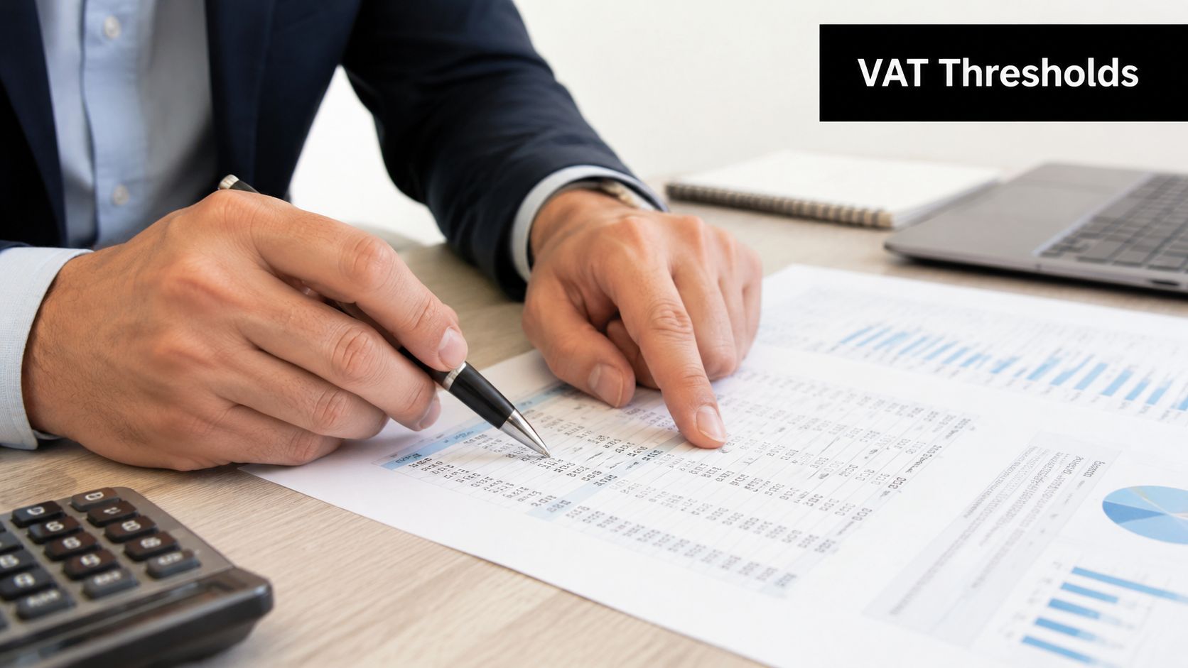 Understanding the UAE VAT Registration Threshold 2026 1 A professional accountant points to financial tax documents on a desk with a calculator and laptop.