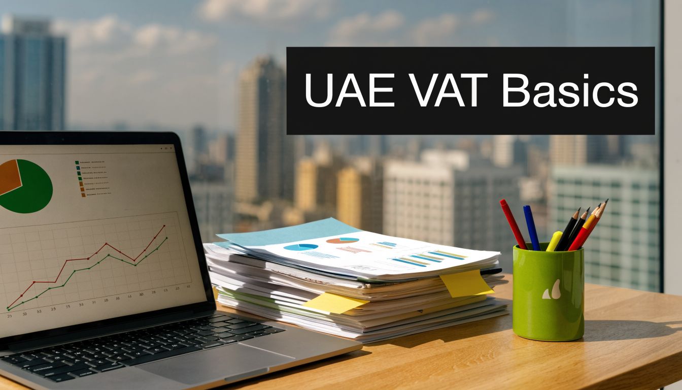 VAT Calculator UAE: Master Your Accurate Reporting 1 A professional workspace featuring a laptop with financial charts and a stack of business documents.