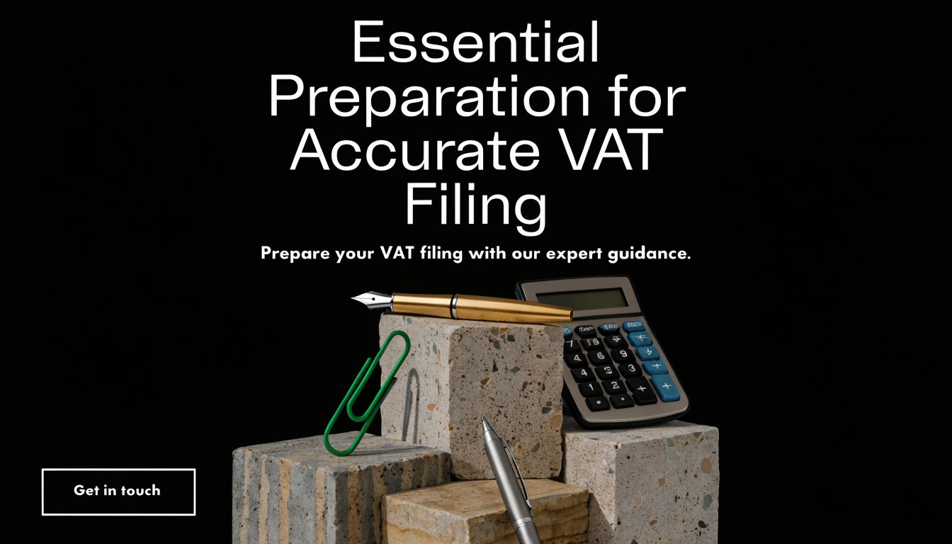 Master Your UAE VAT Tax Filing: A Practical 2026 Guide 2 A professional desk setting with a calculator, fountain pen, and paperclip on stone blocks for VAT tax filing.