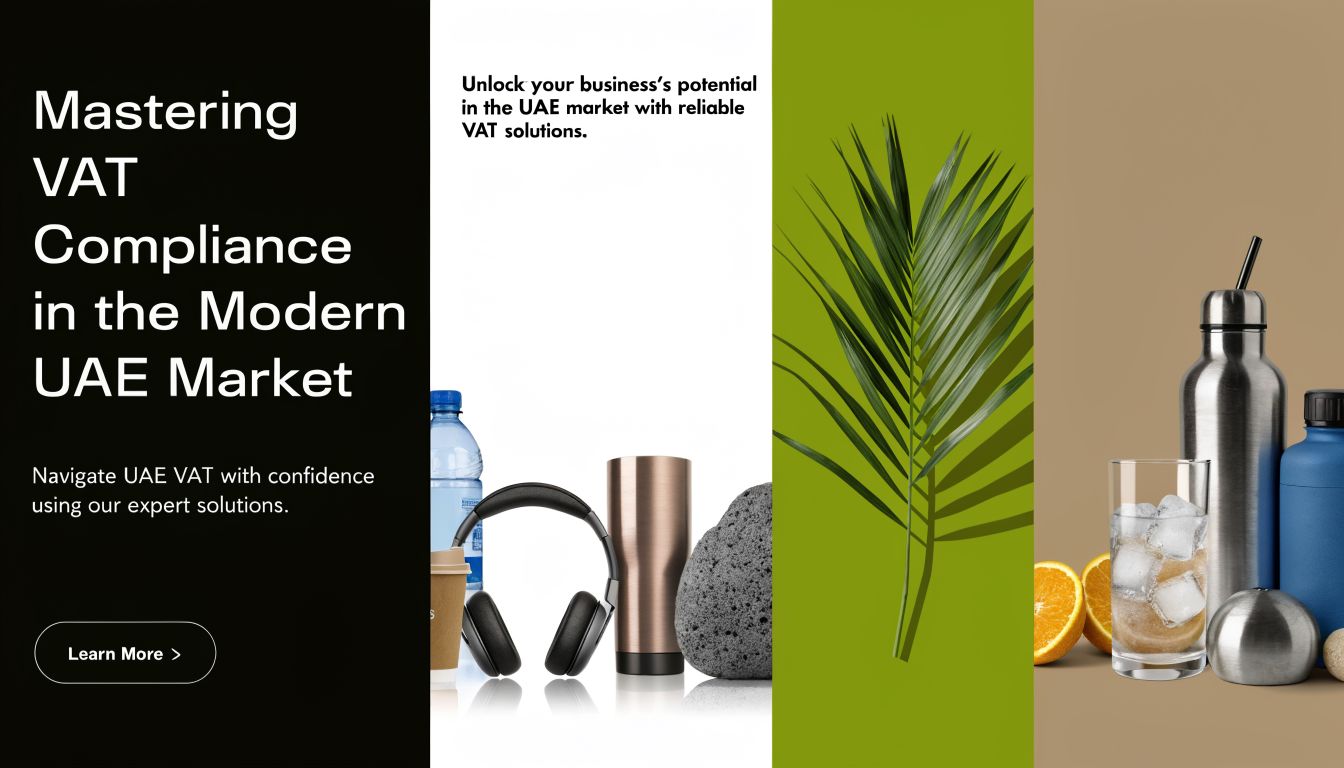 Master Your UAE VAT Tax Filing: A Practical 2026 Guide 1 A professional promotional graphic for VAT compliance services in the UAE market with abstract product imagery.