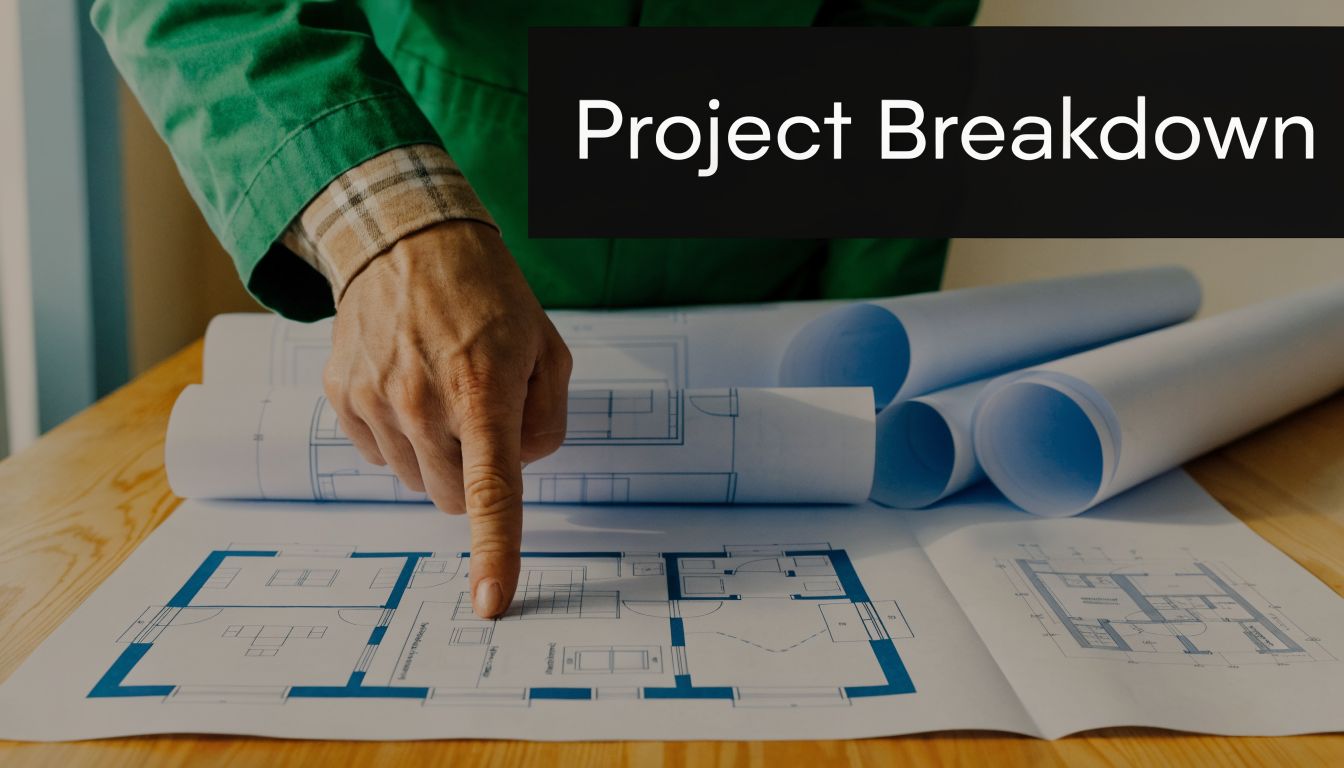 Unpack What is Bill of Quantities in Construction 1 An architect pointing at blue architectural floor plans on a wooden table to review project details.
