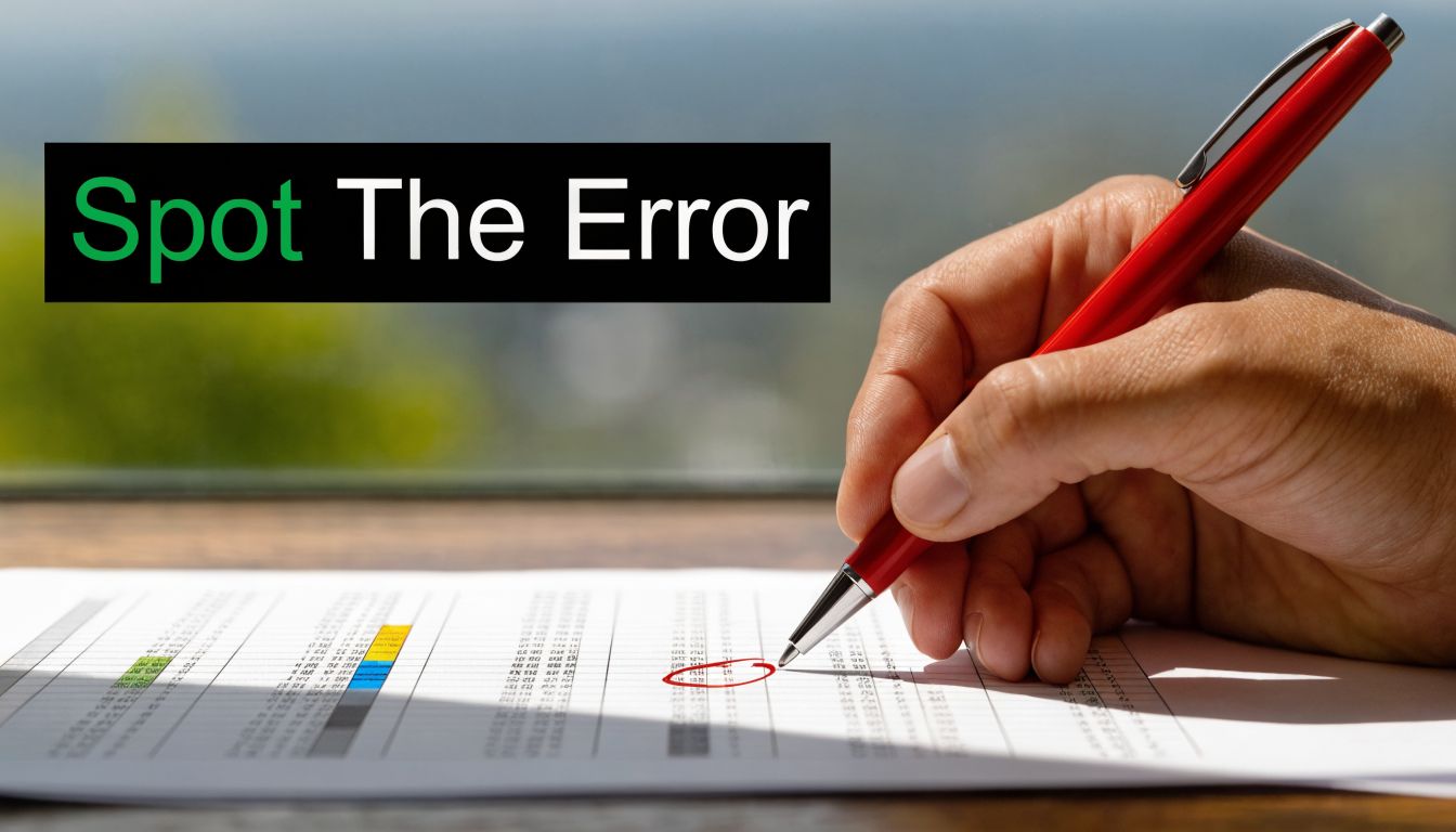 A hand holding a red pen circles an error on a printed financial spreadsheet document.