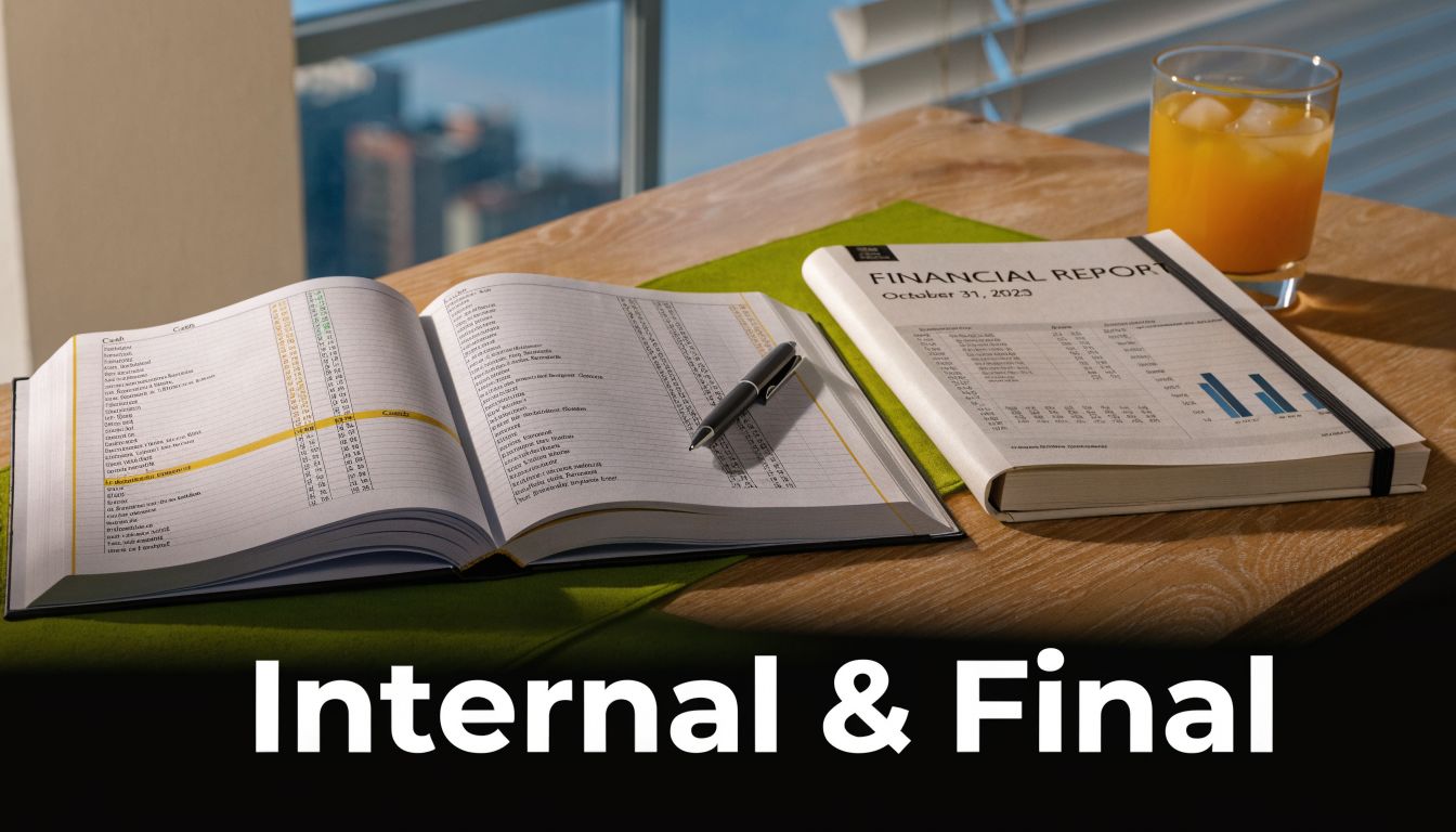 A professional desk workspace featuring an open ledger, a financial report booklet, and a glass of juice.