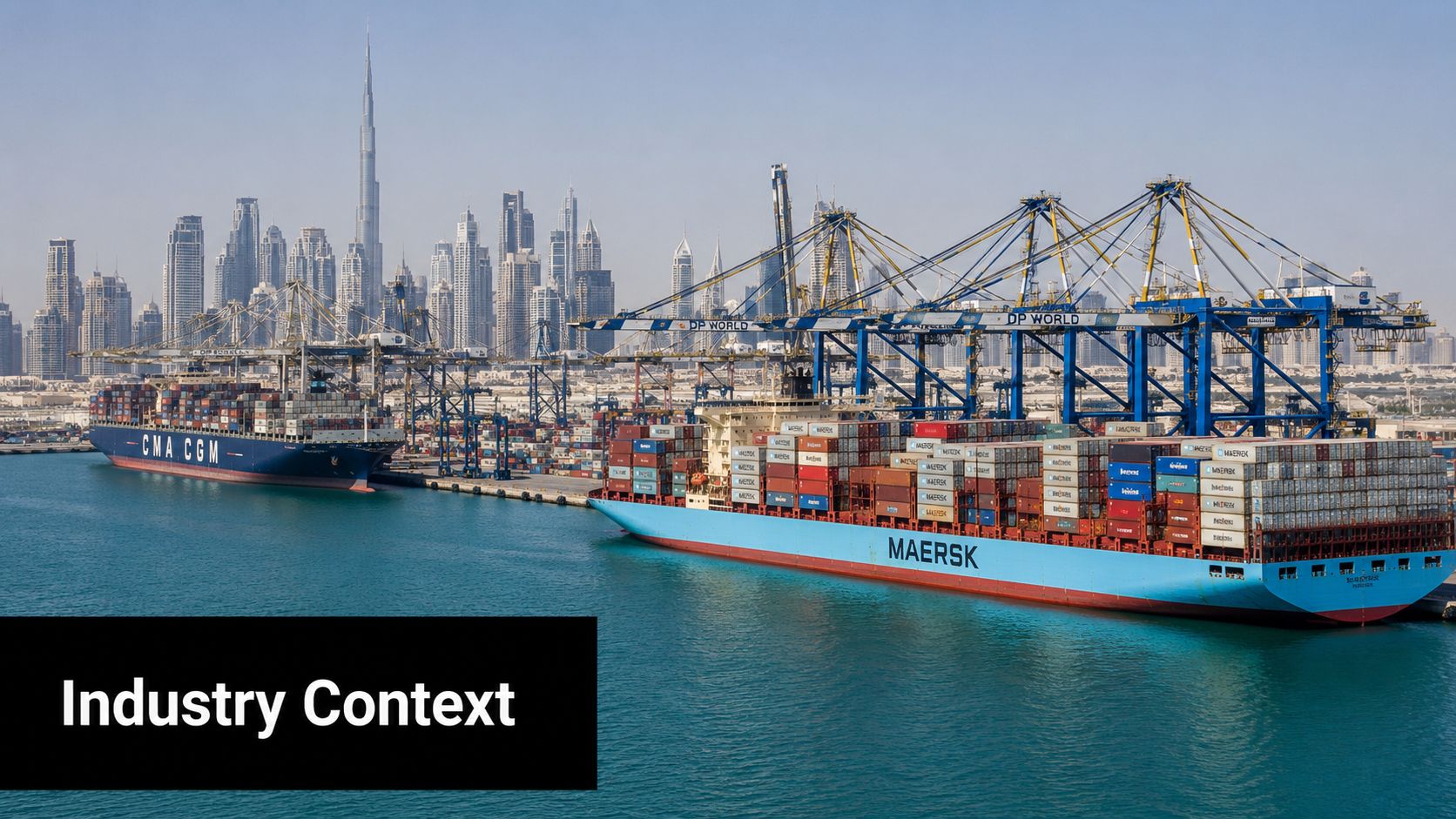 Large Maersk and CMA CGM container ships docked at a modern port with Dubai skyline background.