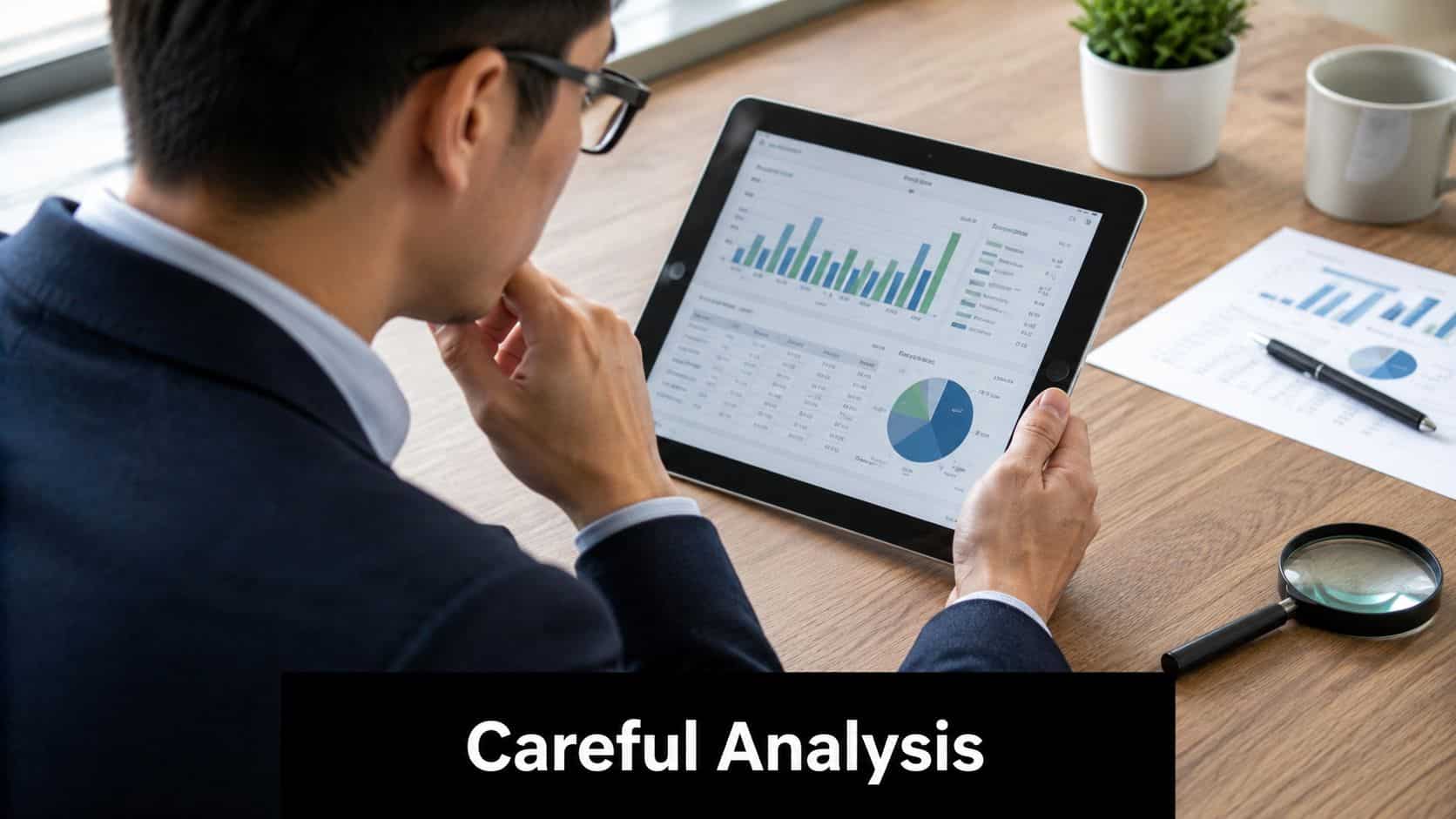 A professional man in a suit carefully reviewing financial data and charts on a digital tablet.