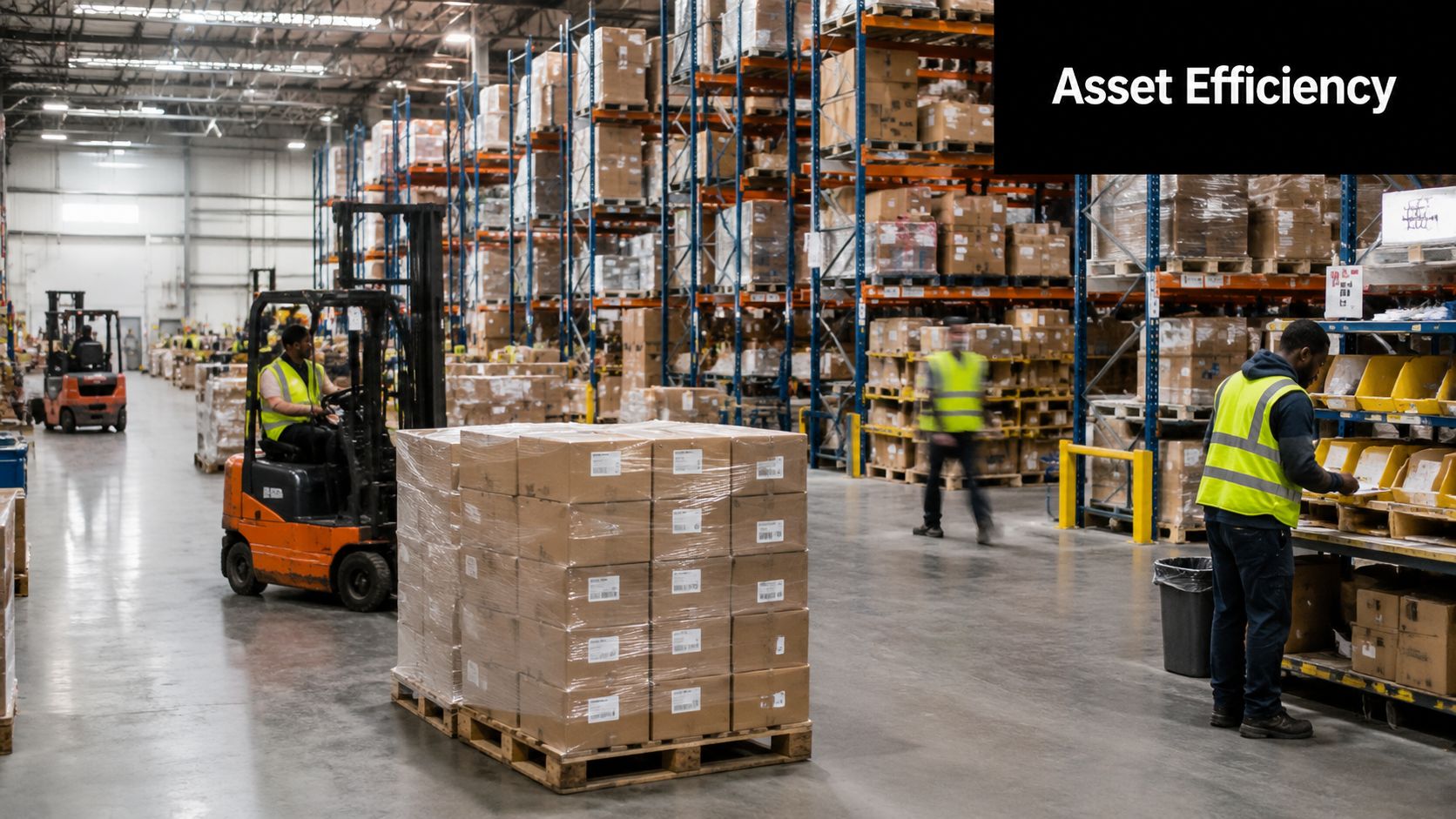 Warehouse workers utilizing forklifts and organizing inventory boxes in a large industrial distribution center for asset efficiency.