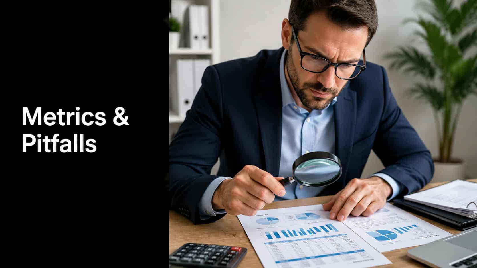 A professional man in a suit using a magnifying glass to examine financial documents and charts.