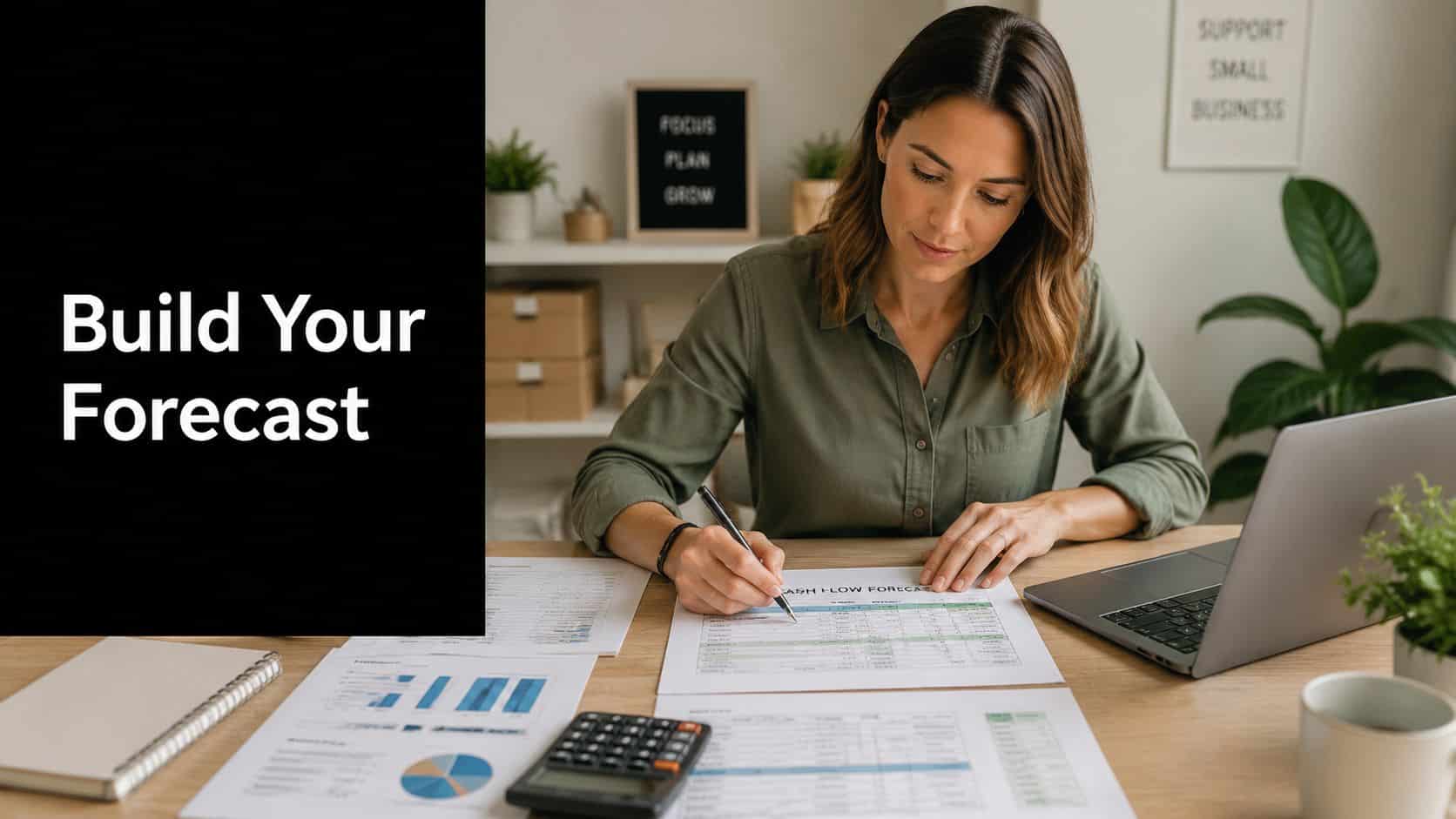 A professional woman working at a desk with financial documents and a laptop, focusing on cash flow planning.