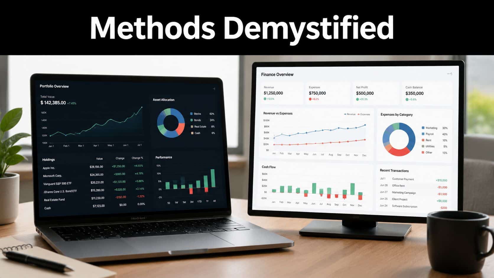A workspace featuring a laptop and monitor displaying detailed financial charts, portfolio data, and cash flow reports.