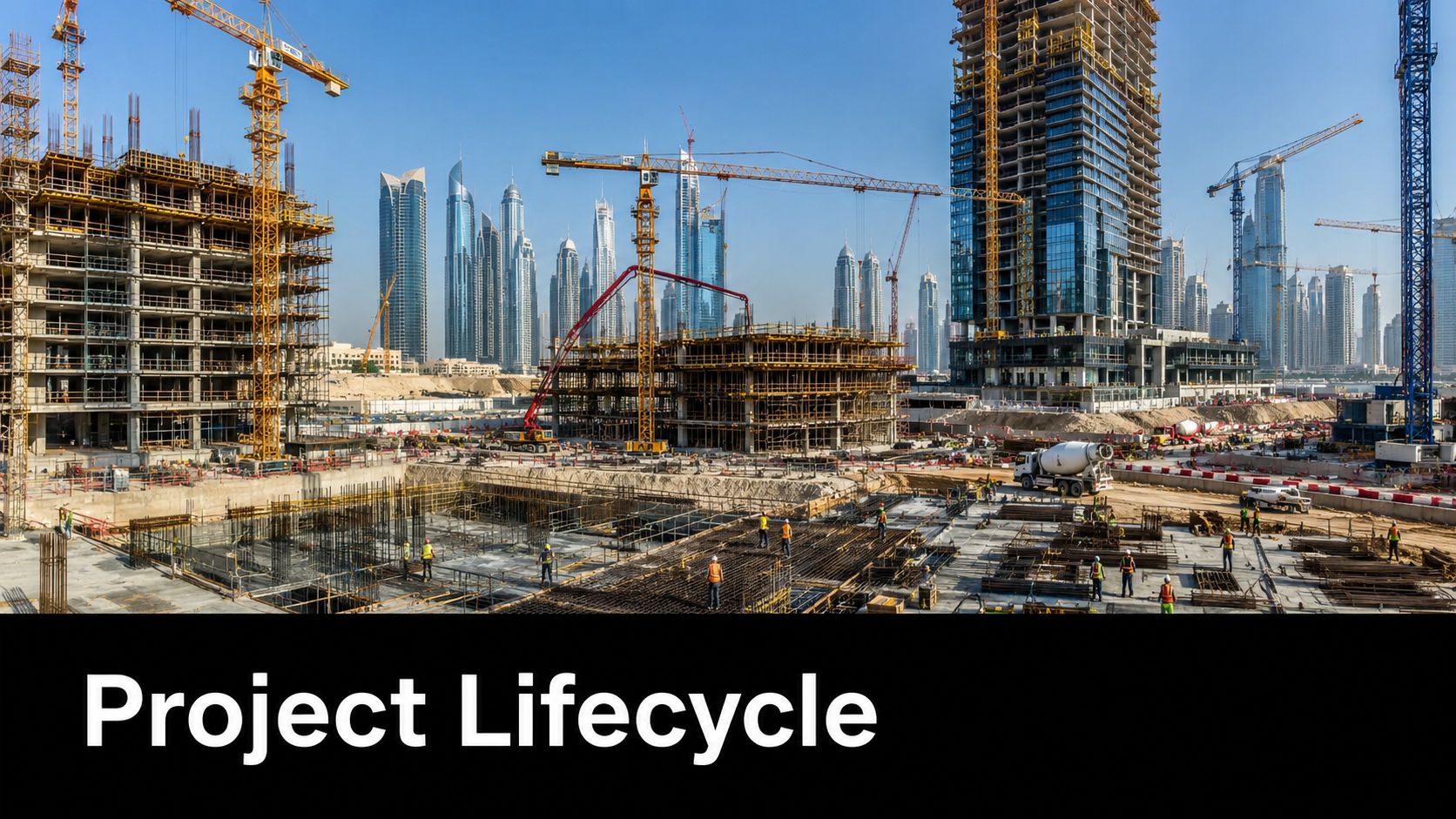 A massive urban construction site in Dubai with skyscrapers, cranes, and workers under a clear blue sky.