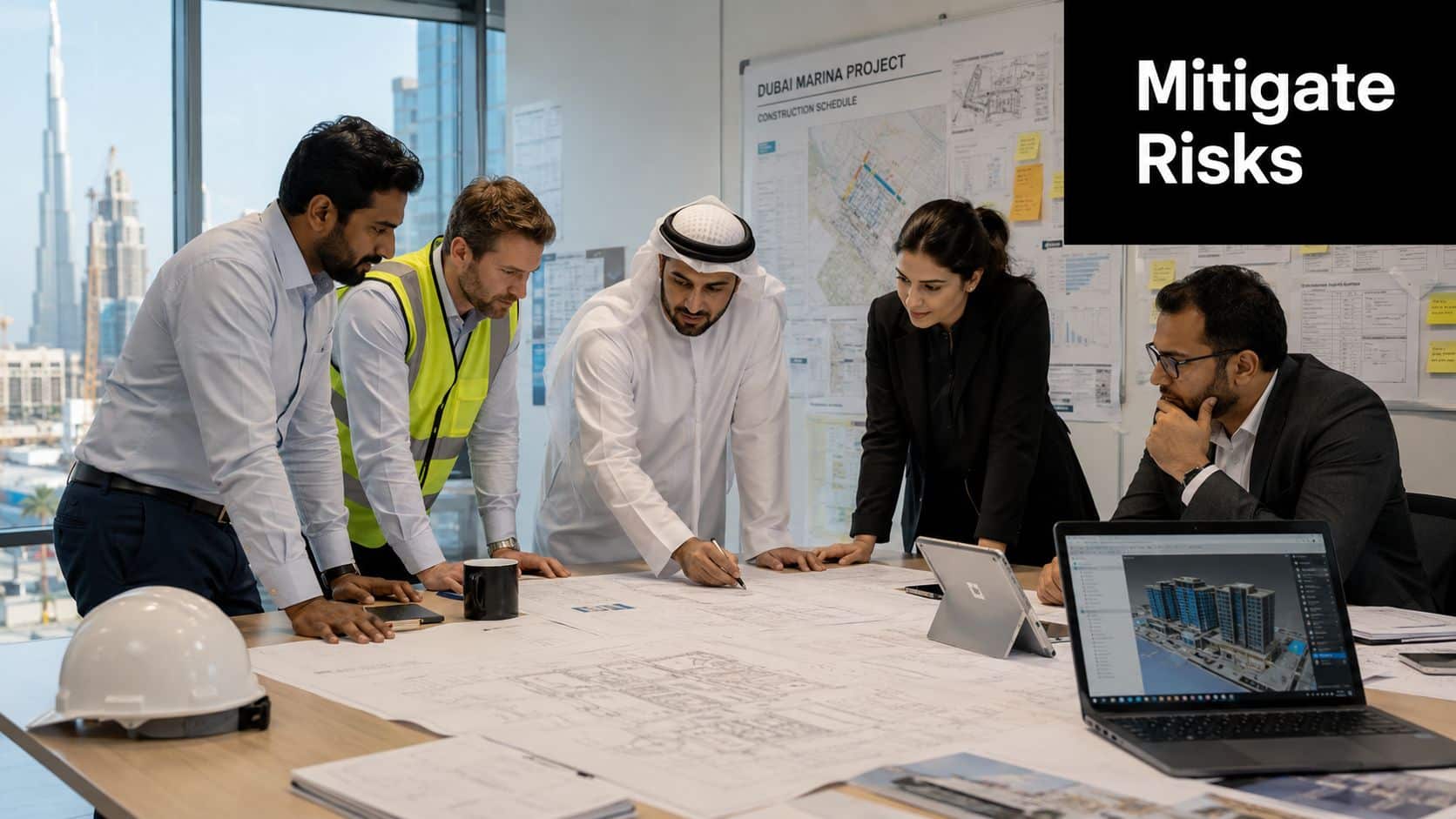 A professional team of architects and project managers collaborating around a blueprint in a modern office.