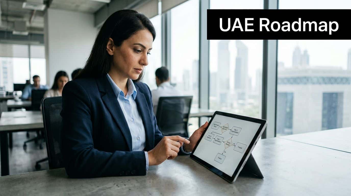 A professional woman in a suit reviews a business workflow diagram on a tablet in an office.