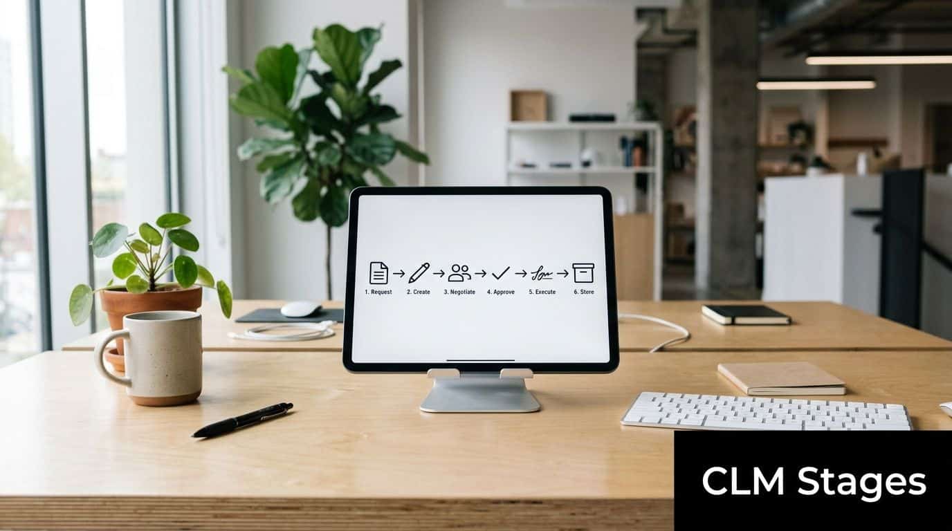 A modern workspace with a tablet display showing the six standard stages of contract lifecycle management.