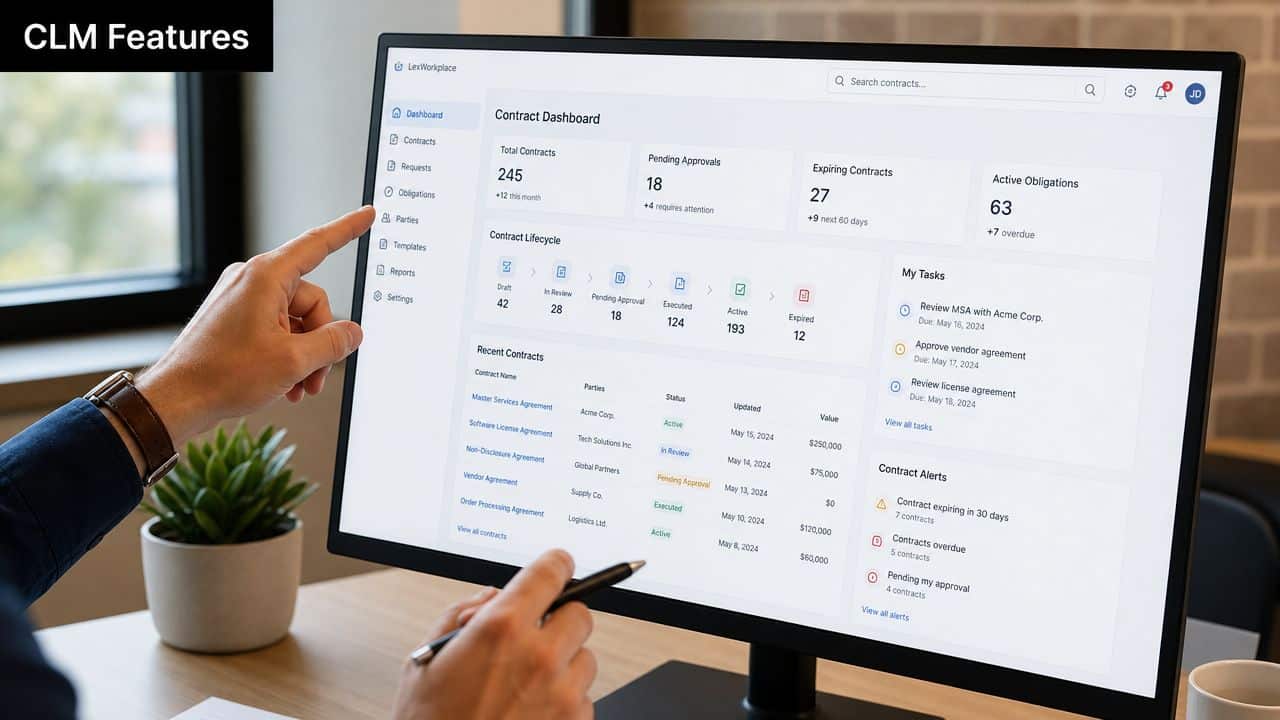 A person pointing at a computer screen displaying a contract lifecycle management dashboard with analytics and tasks.