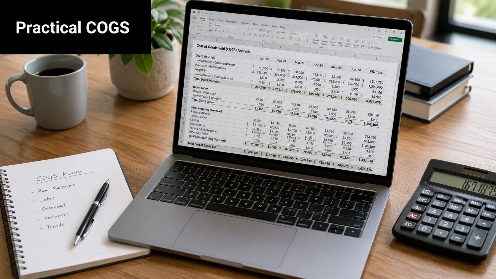 A laptop displaying a Cost of Goods Sold spreadsheet, alongside a notepad, pen, and calculator.