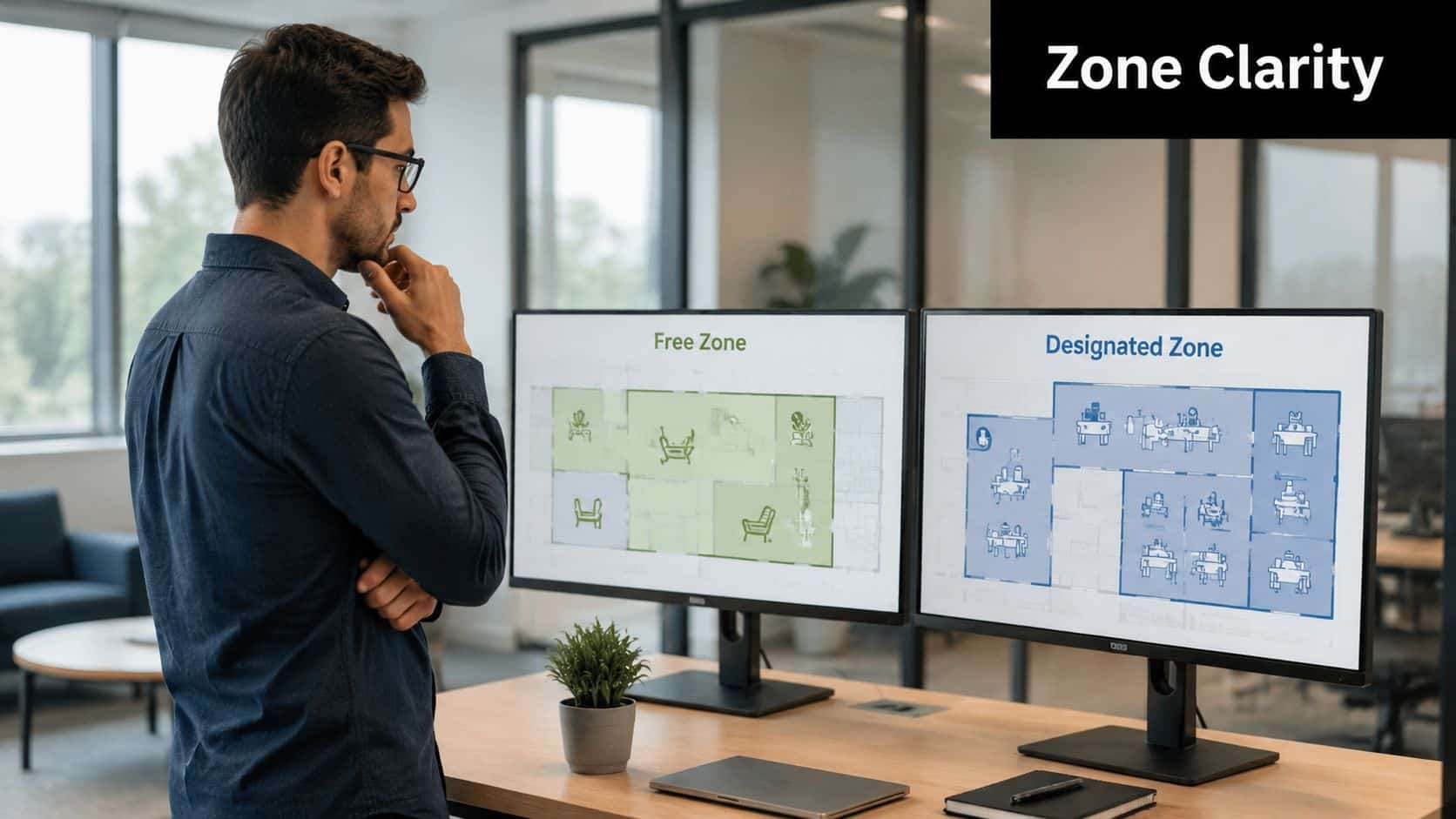 A professional man looks at two computer monitors displaying office floor plans of free and designated zones.