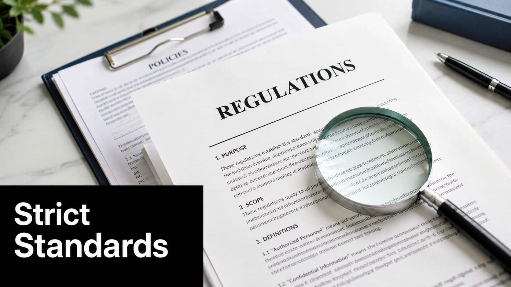 A magnifying glass placed over a printed document titled Regulations on a desk with a pen.
