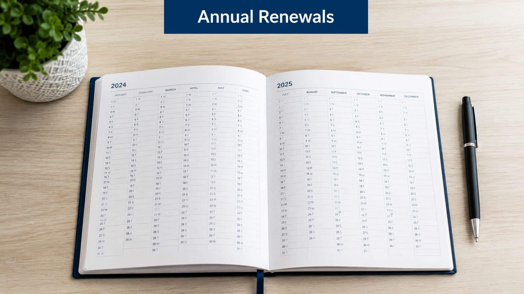Open planner showing annual calendars for 2024 and 2025 on a wooden desk next to a pen.