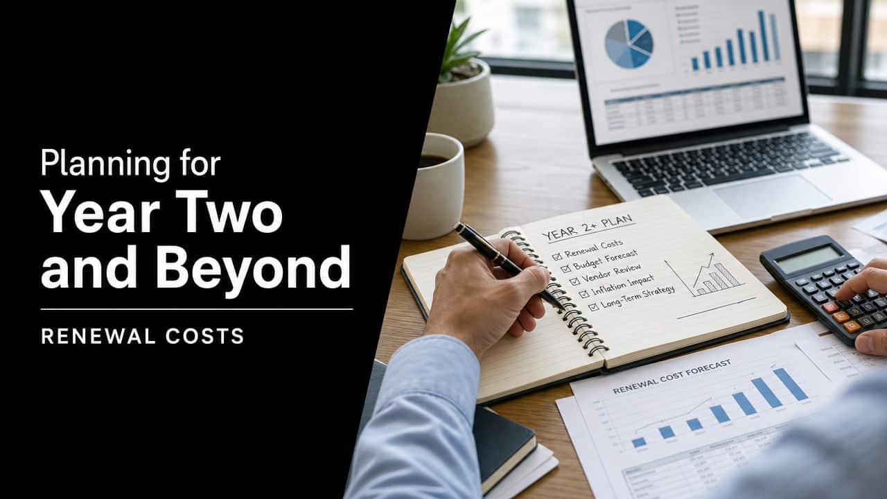 A professional analyzing business renewal costs and long-term financial strategy with charts and documents at a desk.