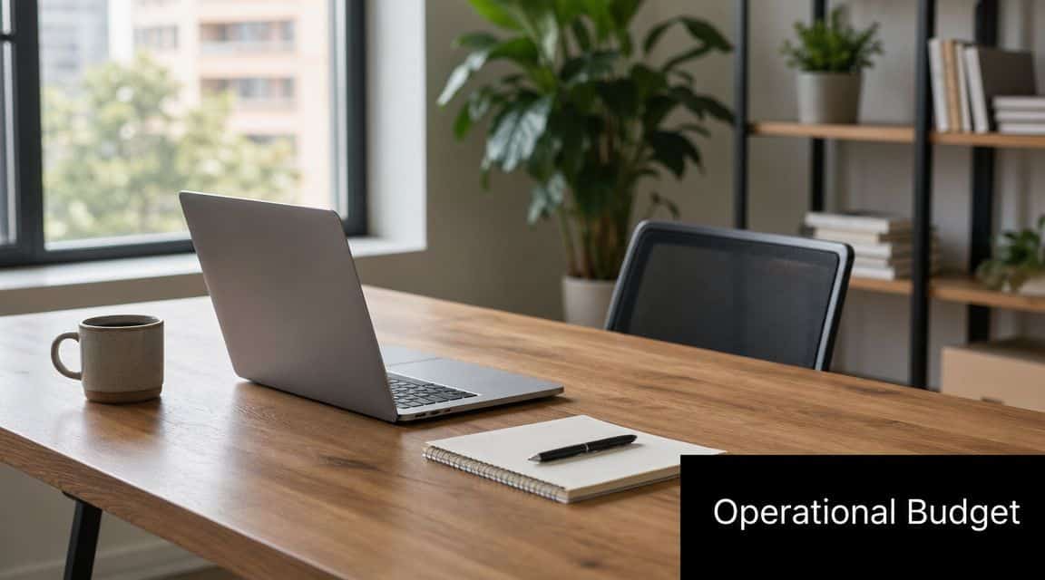 A modern home office desk featuring a laptop, a coffee mug, and a notebook with a pen.