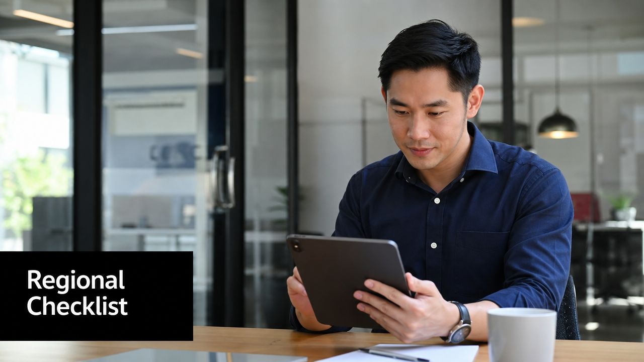 A professional Asian man wearing a blue shirt reviewing digital documents on a tablet in an office.