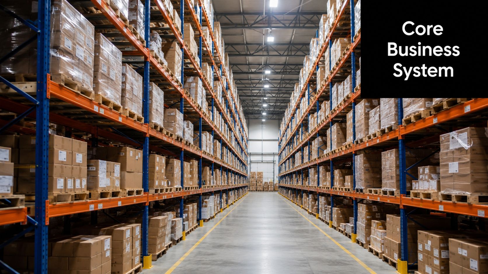 An aisle view of a large warehouse facility with tall metal shelves stacked high with inventory boxes.