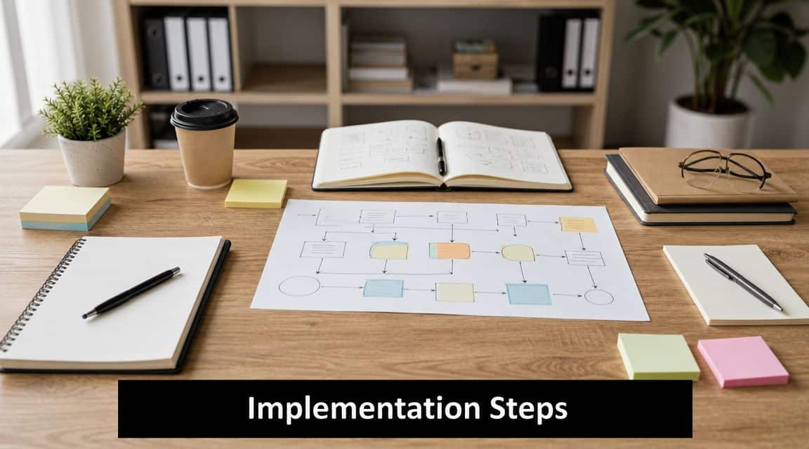 A high-angle view of a wooden desk featuring a flow chart, notebooks, and office supplies for planning.