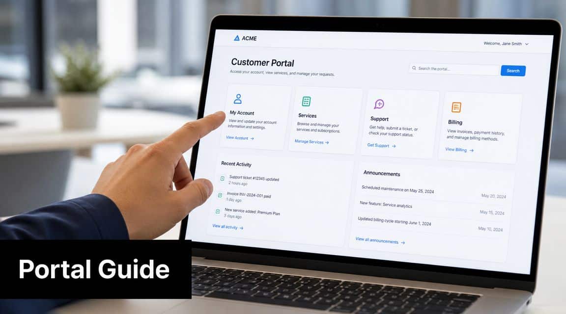 A person using their finger to point at the ACME customer portal interface on a laptop screen.