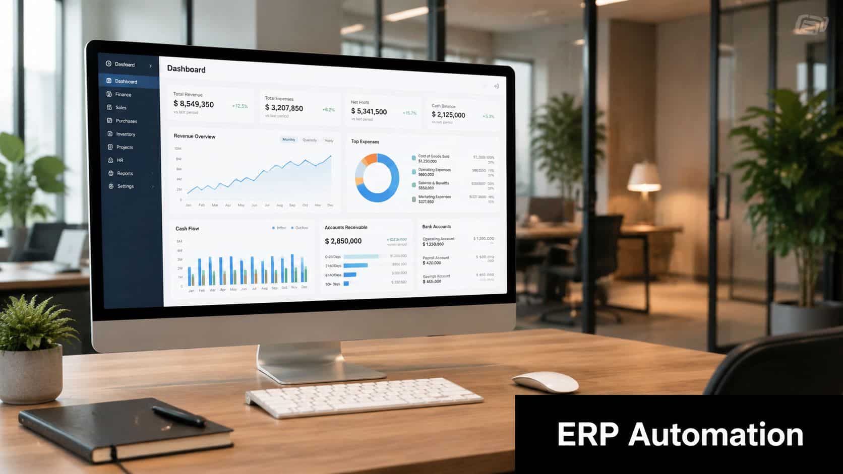 A computer screen displaying an ERP dashboard with financial charts and business metrics on a desk.