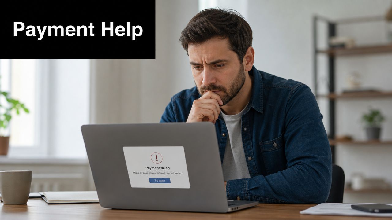 A concerned man sitting at his desk looking at a laptop screen displaying a payment failed error message.