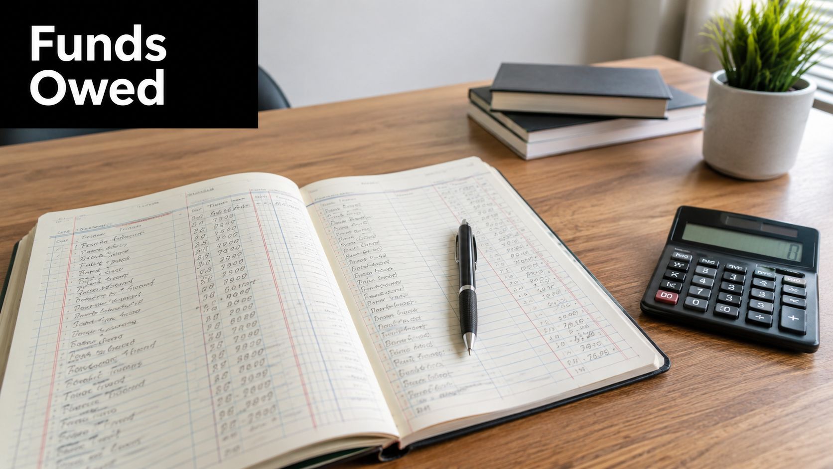 An open accounting ledger with handwritten entries on a wooden desk next to a calculator and pen.