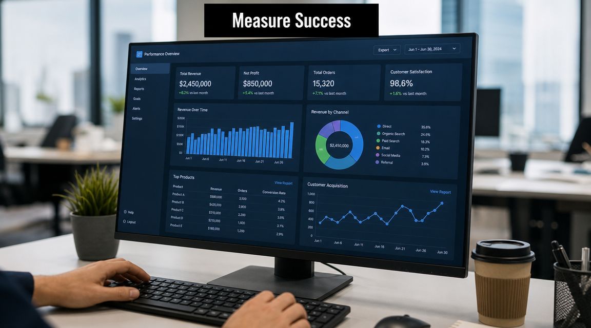 A professional analyzing a digital dashboard displaying business performance analytics on a computer screen in an office.