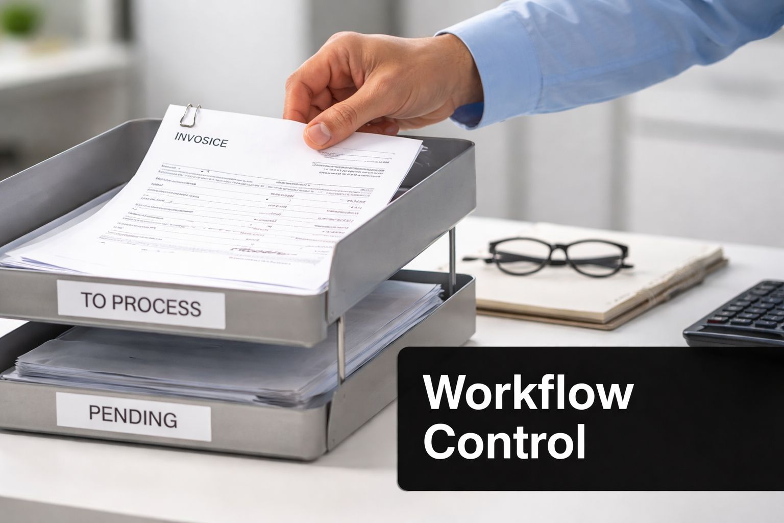 A businessman organizing invoice documents into a tiered tray labeled for processing and pending workflow management.