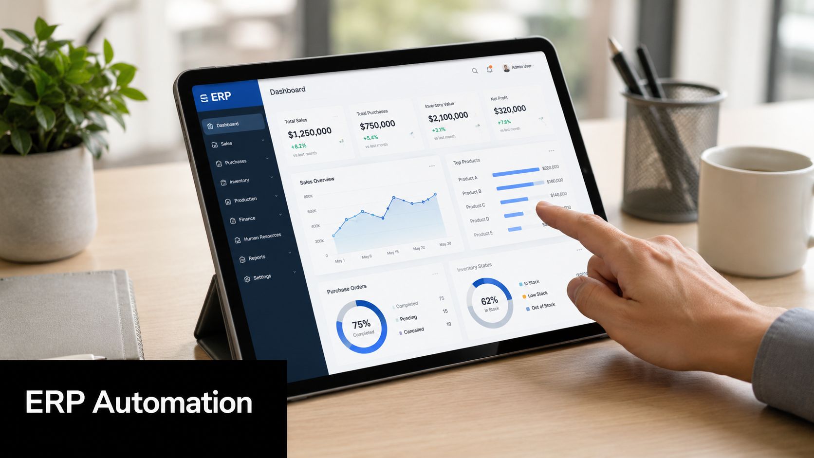 A professional analyzing financial data and sales analytics on a tablet screen in a modern office.