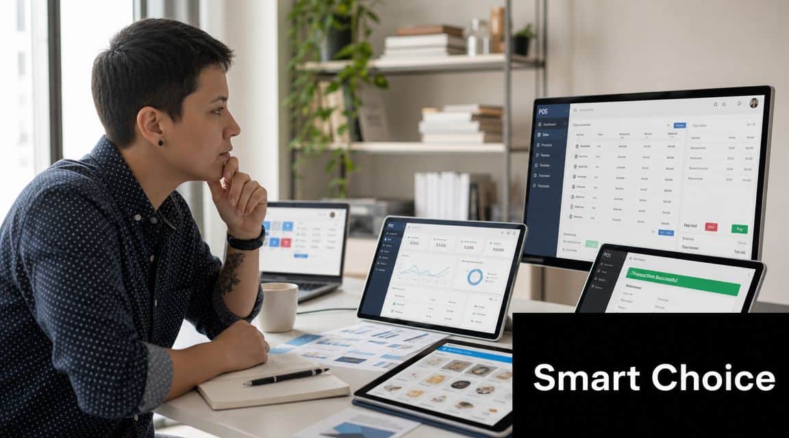 A professional analyzing data on multiple screens displaying a point-of-sale software interface in a bright office.