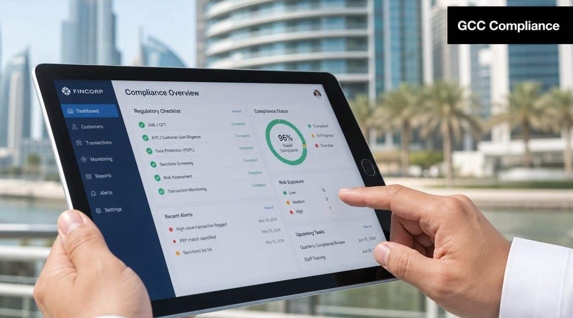 A person using a tablet to view a Fincorp compliance dashboard with regulatory data and metrics.