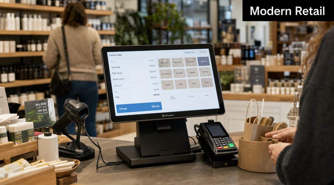 A point of sale terminal displaying a retail transaction screen in a modern boutique store environment.