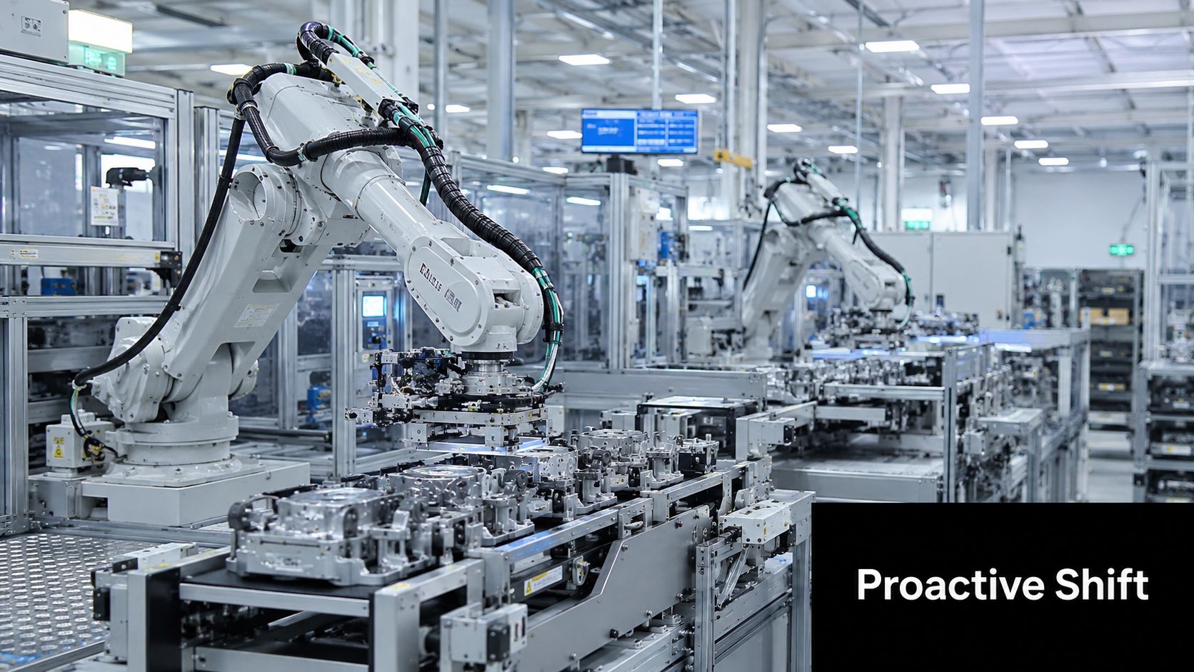 Robotic arms on an automated production line performing tasks in a modern industrial manufacturing facility.