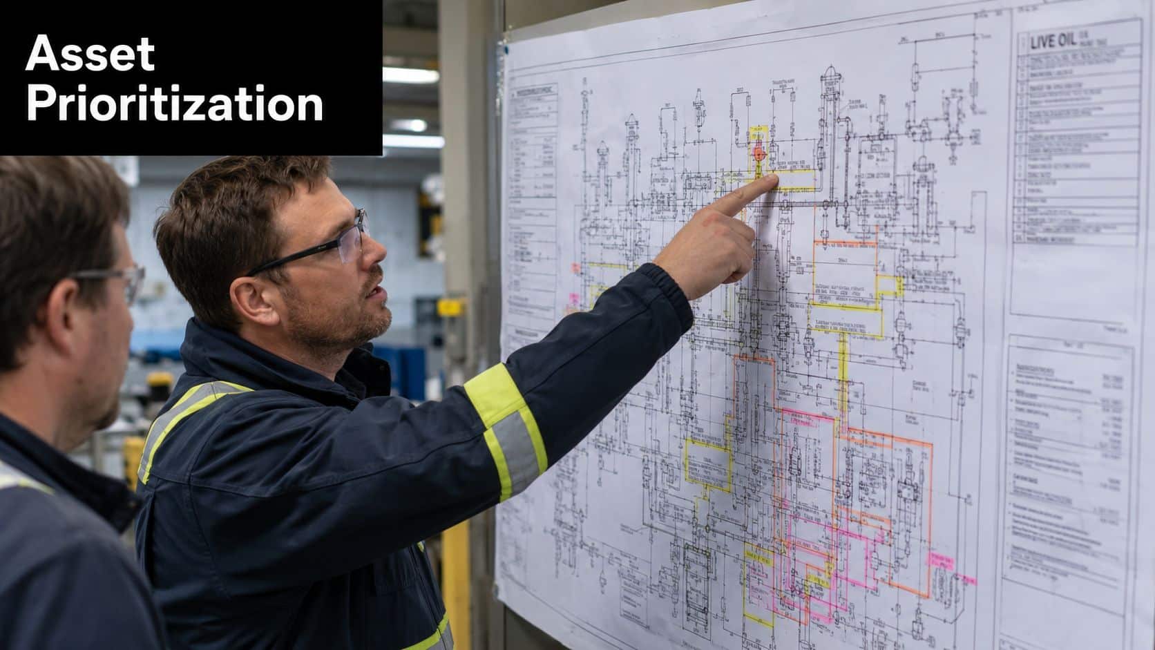 A professional engineer in workwear points to a detailed technical schematic while discussing asset prioritization plans.