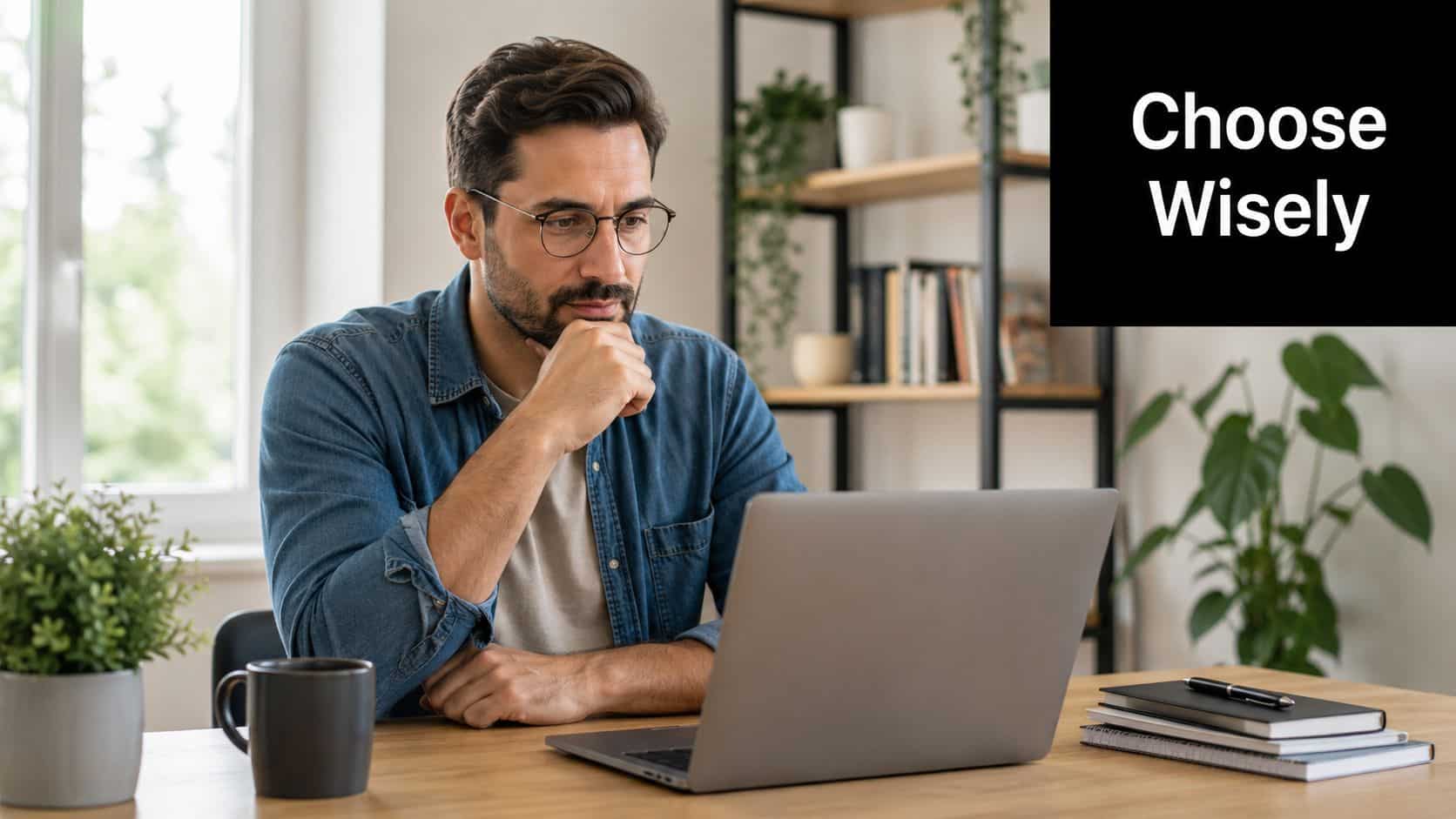 A focused man wearing glasses sitting at a desk while thoughtfully considering his laptop screen.