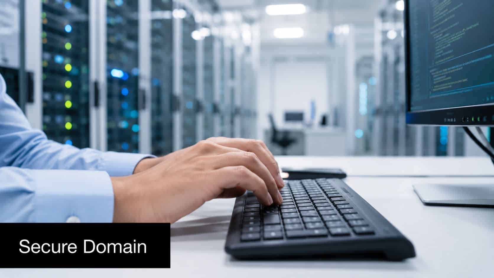 A professional developer typing code on a keyboard in a modern data center server room.