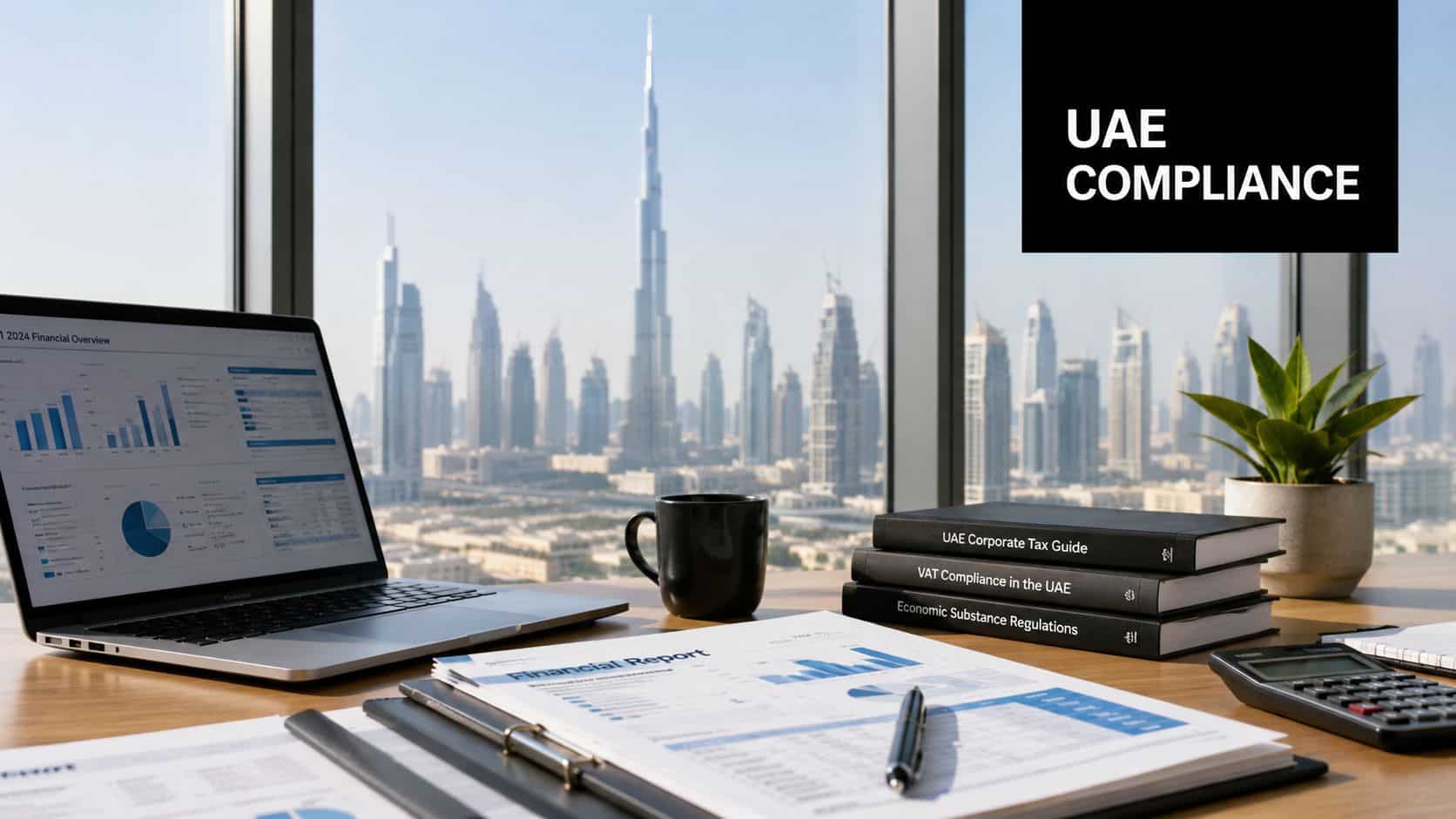 A professional office desk with financial reports, a laptop, and books about UAE corporate compliance regulations.