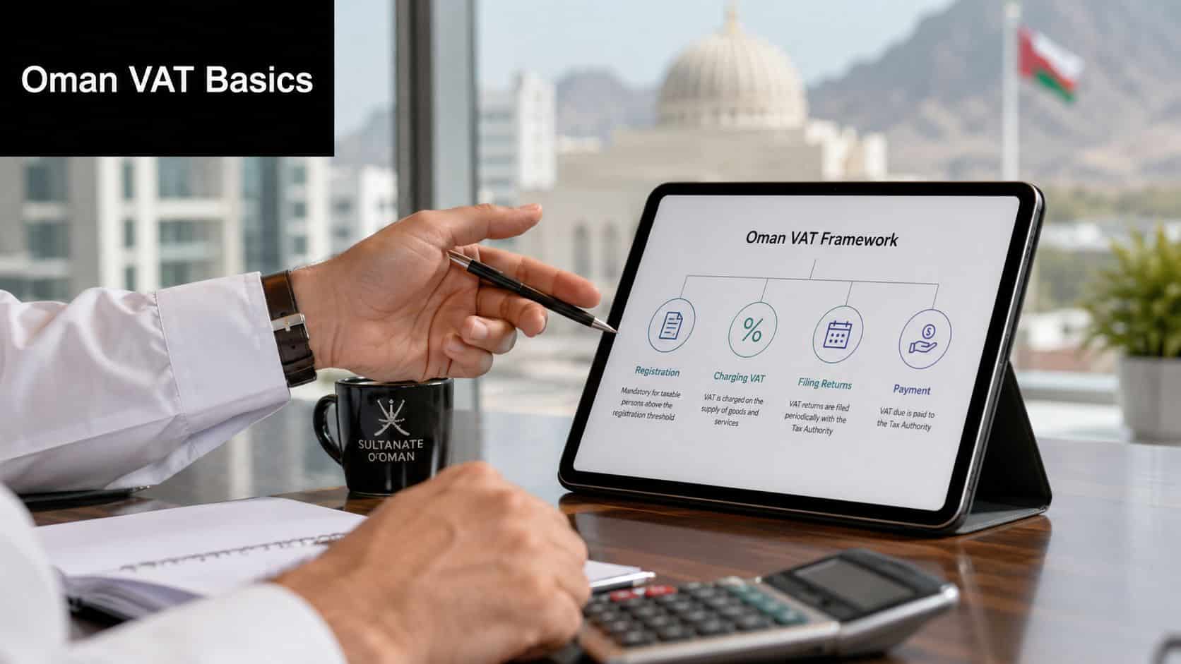 A professional explaining the Oman VAT framework on a tablet during a business meeting in an office.