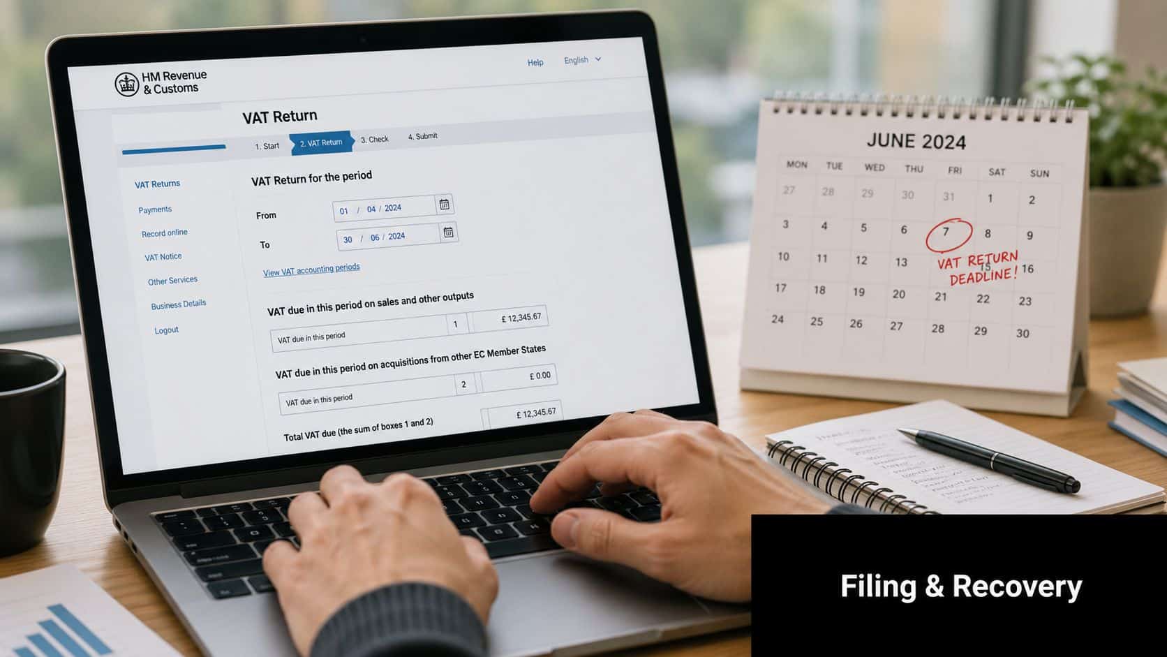A person using a laptop to file a VAT return online with a June 2024 calendar deadline.